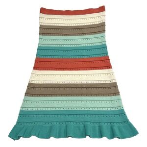 Lucca Womens Y2K Striped Knit Mini Skirt Ruffle Hem Pointelle Teal Coral Small